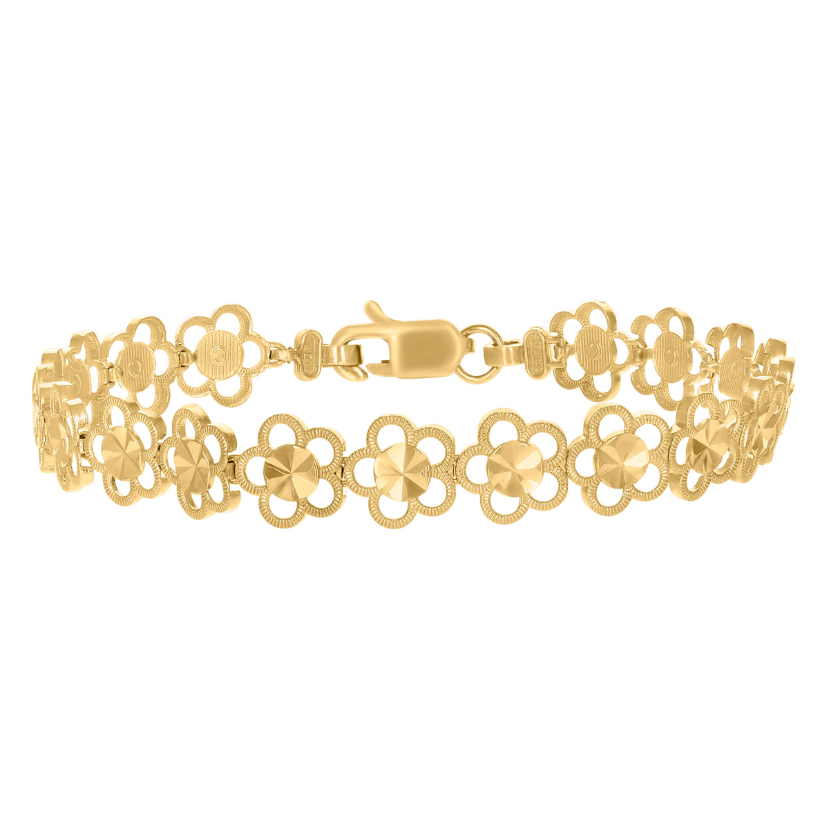 10K Yellow Gold Womens Flower Link 7" Bracelet