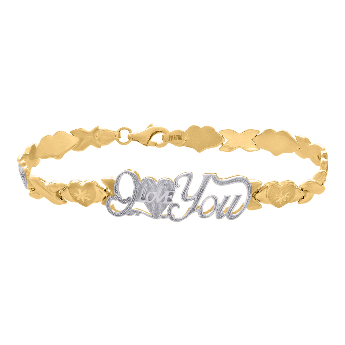 10K Two-tone Gold Womens I LOVE YOU Heart Link 7" Bracelet