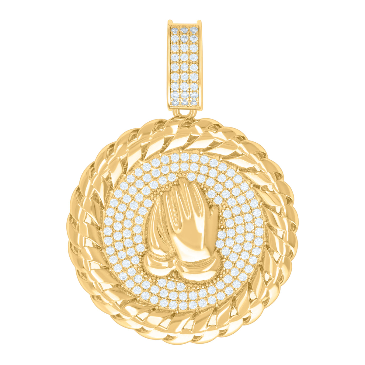 Yellow-Tone 925 Sterling Silver Mens Round Cubic Zirconia Charm Cluster Praying Hand Fashion Charm Pendant