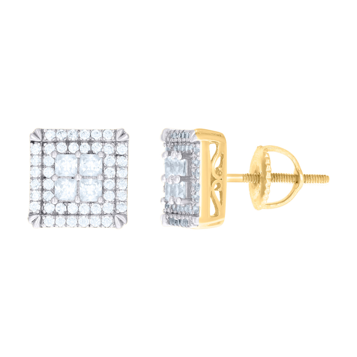 925 Sterling Silver Mens Yellow-Tone Cubic Zirconia Princess Cut Square Stud Earrings