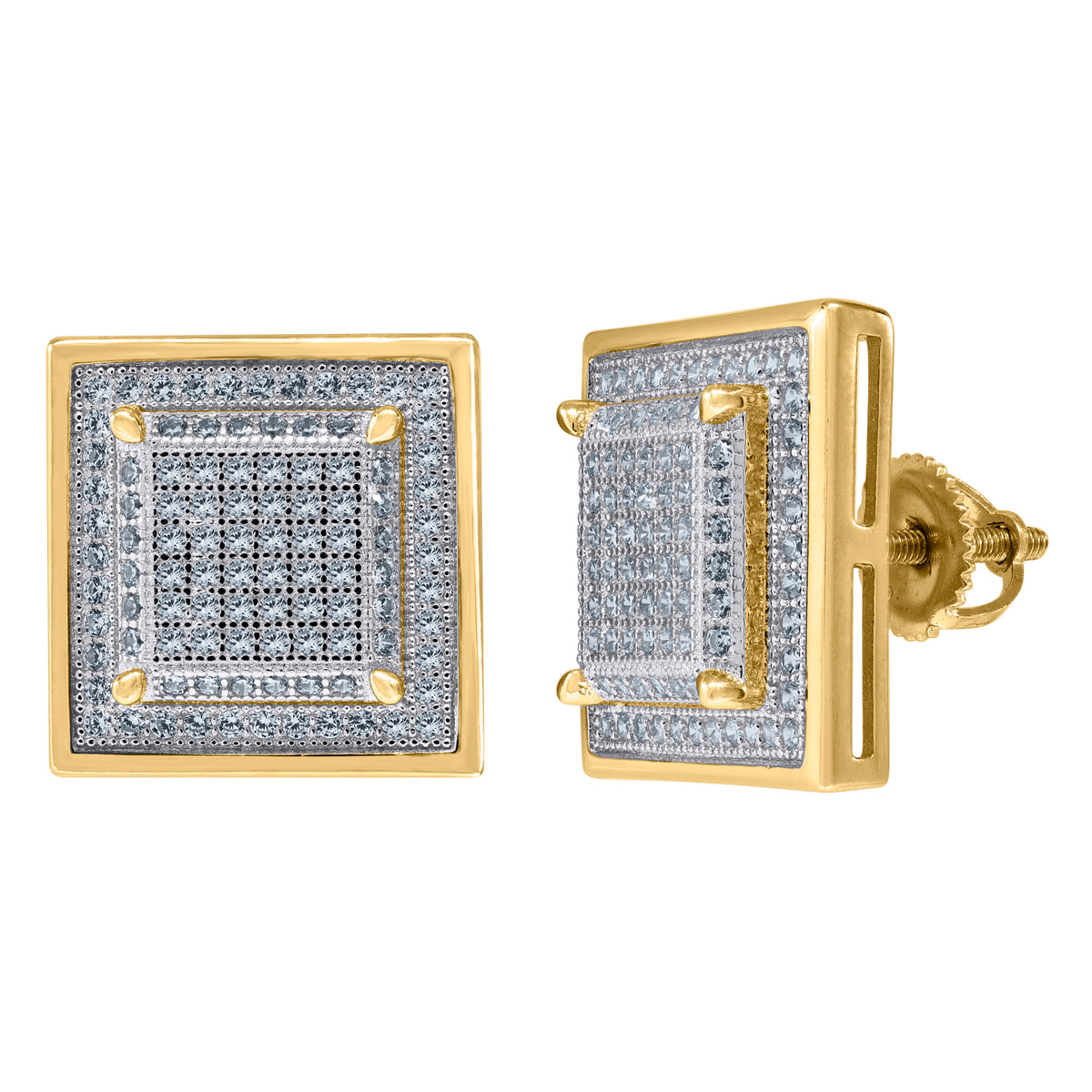 925 Sterling Silver Yellow-Tone Unisex Cubic Zirconia Square Stud Earrings