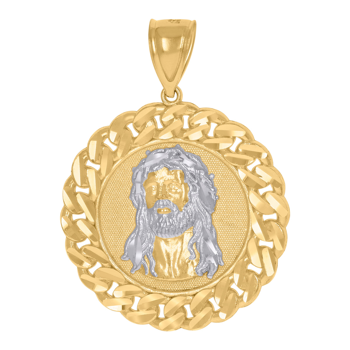 10K Two-Tone Gold Mens Women Diamond-Cut Curb Border Jesus Christ Religious Charm Pendant