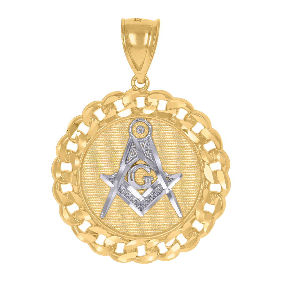 10K Gold Two-Tone Textured Mens Masonic Religious Cuban Link Medallion Charm Pendant