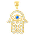 10K Yellow Gold Mens White Royal Blue Cubic Zirconia Hamsa Religious Charm Pendant