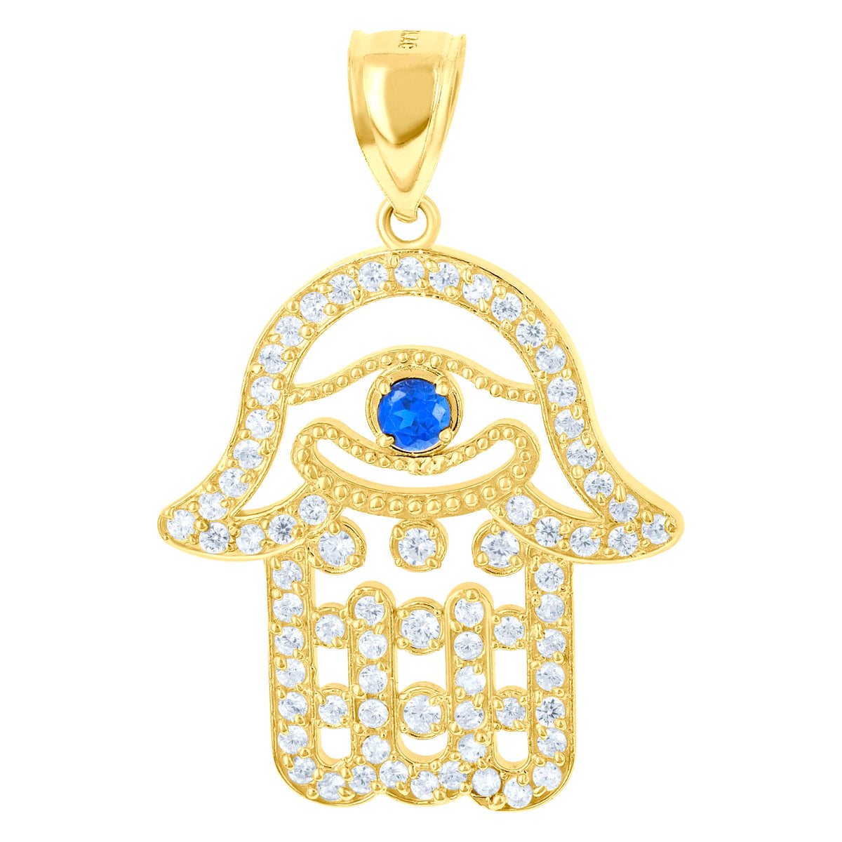10K Yellow Gold Mens White Royal Blue Cubic Zirconia Hamsa Religious Charm Pendant
