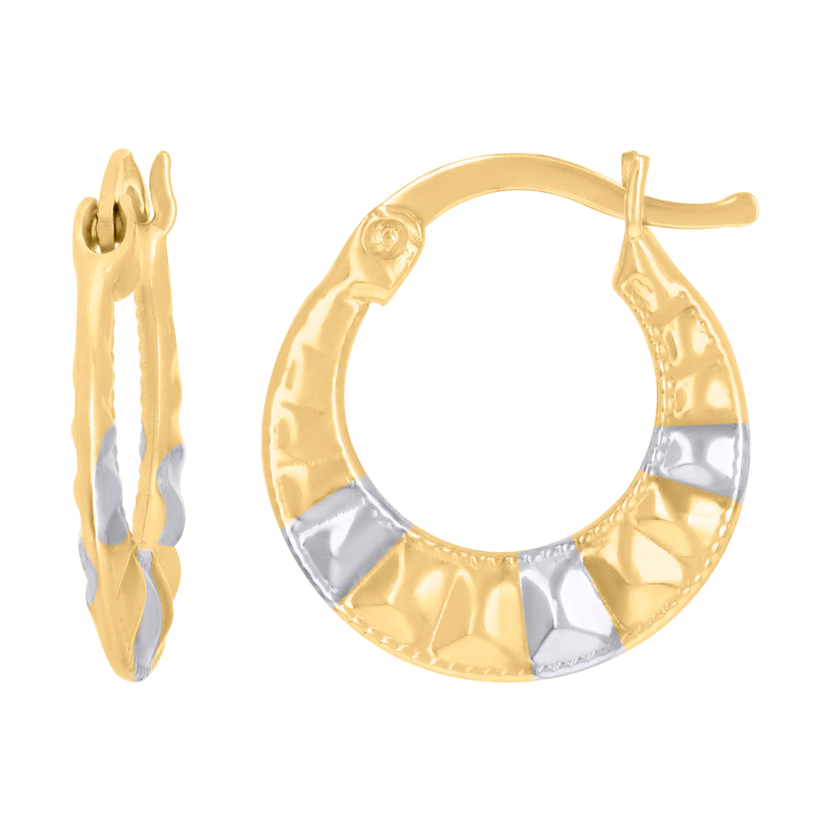 10K Gold Two-Tone Womens Round Itched 13.7mm Hinged Hoops Huggies