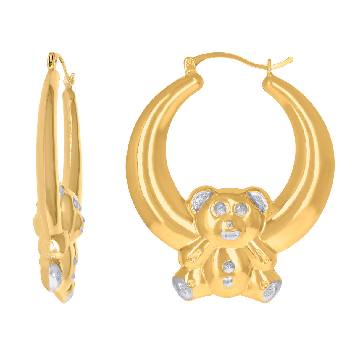 10K Gold Two-Tone Womens Teddy Bear 40.5mm Hinged Hoops Huggies
