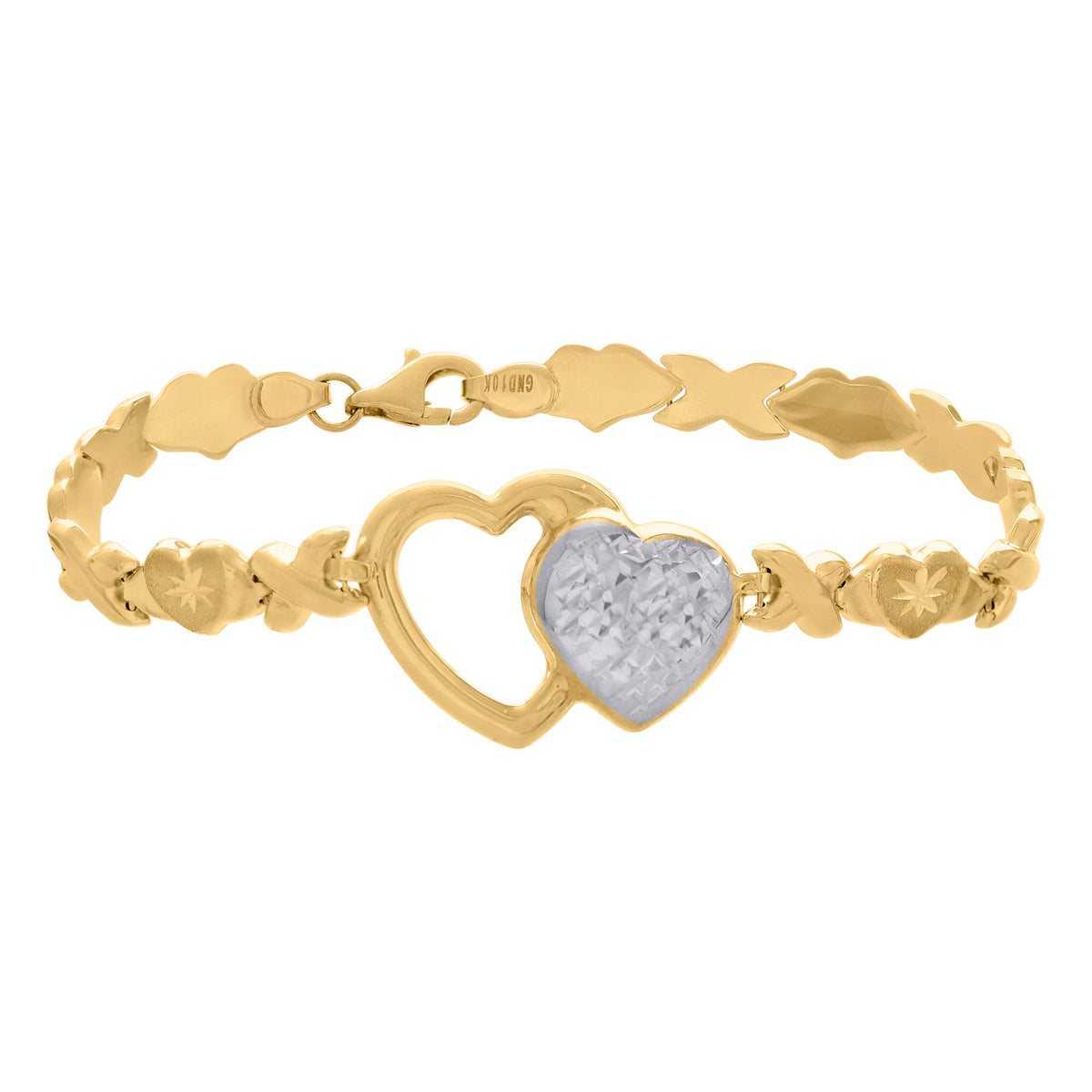 10K Two-Tone Gold Womens Stampato Double Heart Charm Bracelet 7 Inches