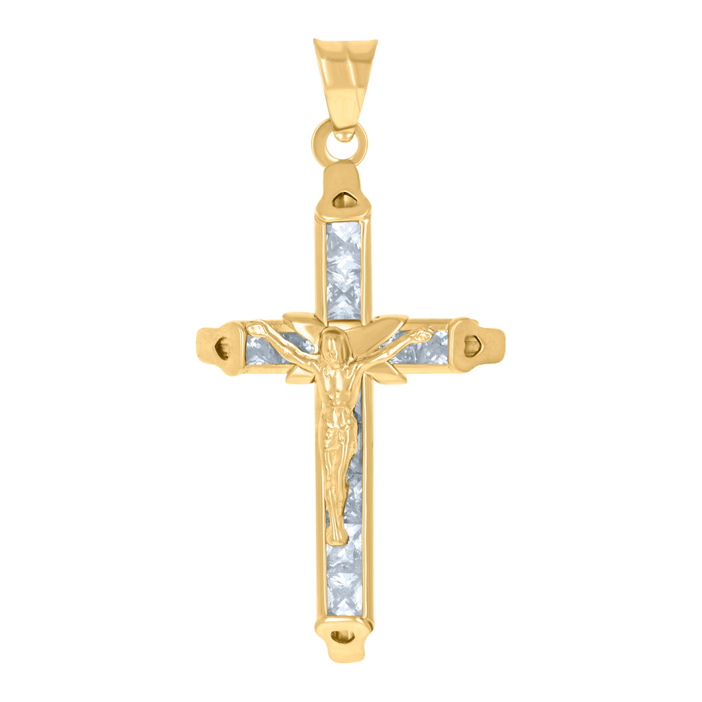 10K Yellow Gold Mens Women Princess Cut Cubic Zirconia Cubic-Zirconia Crucifix Cross Religious Charm Pendant