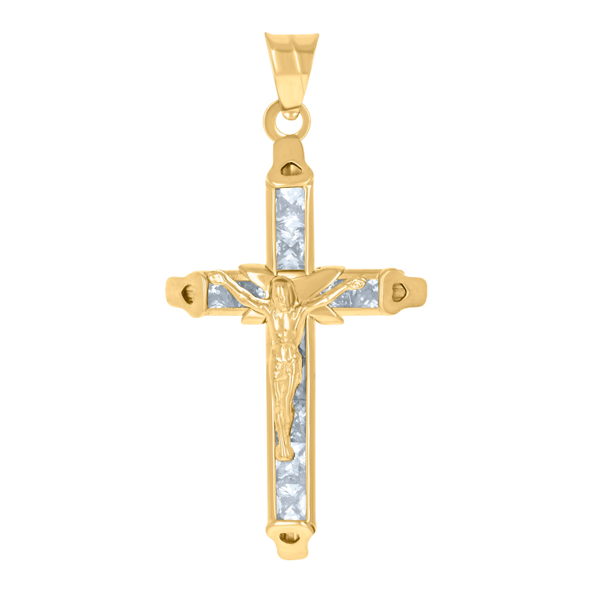 10K Yellow Gold Mens Women Princess Cut Cubic Zirconia Cubic-Zirconia Crucifix Cross Religious Charm Pendant