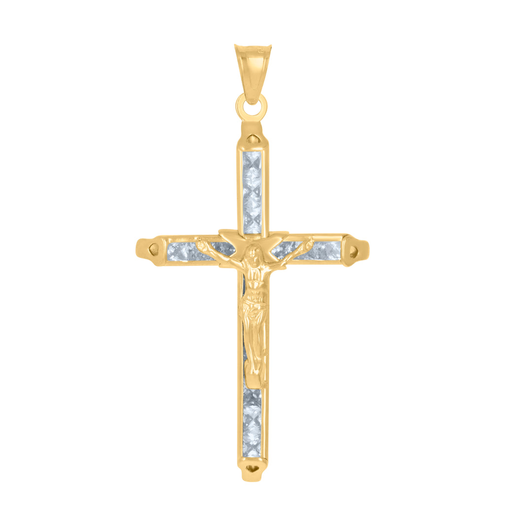 10K Yellow Gold Mens Women Princess Cut Cubic Zirconia Cubic-Zirconia Crucifix Cross Religious Charm Pendant