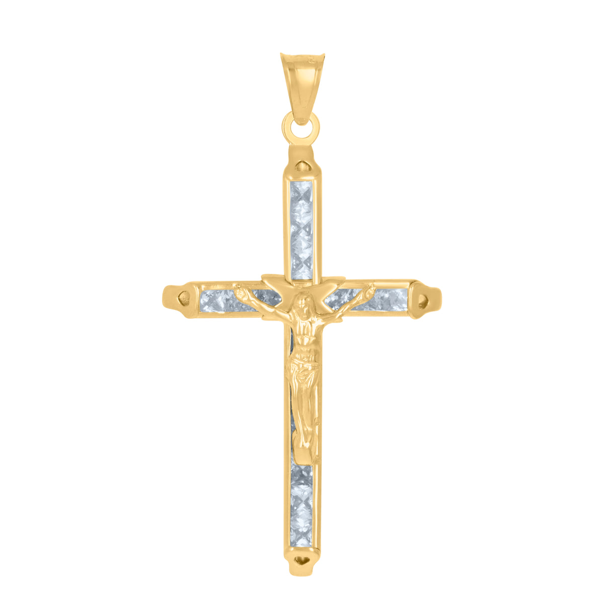 10K Yellow Gold Mens Women Princess Cut Cubic Zirconia Cubic-Zirconia Crucifix Cross Religious Charm Pendant