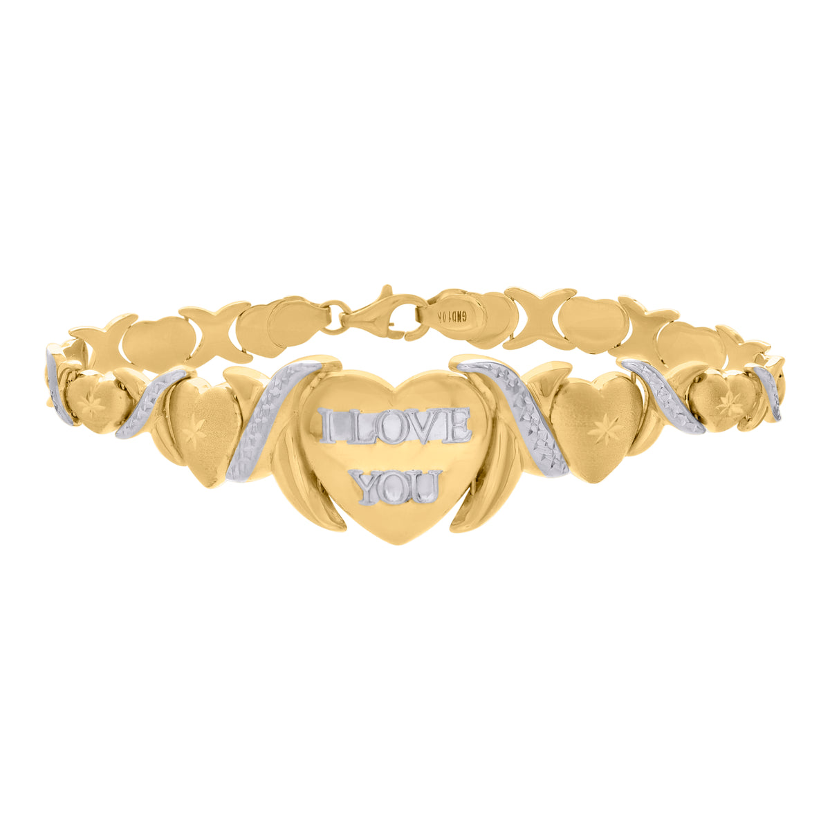 10K Two-tone Gold Womens I LOVE YOU Heart Link 8" Bracelet