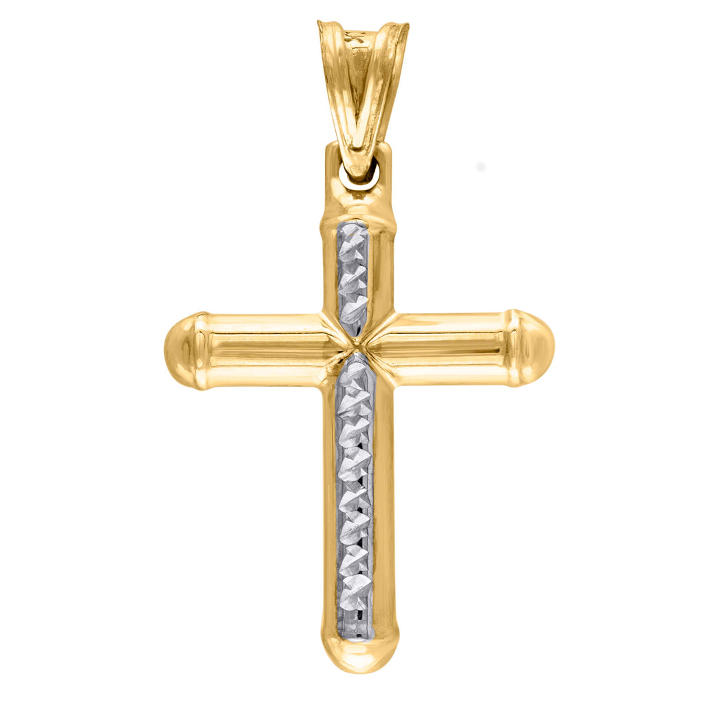 10K Gold Two-Tone Diamond-Cut Mens Cross Religious Charm Pendant