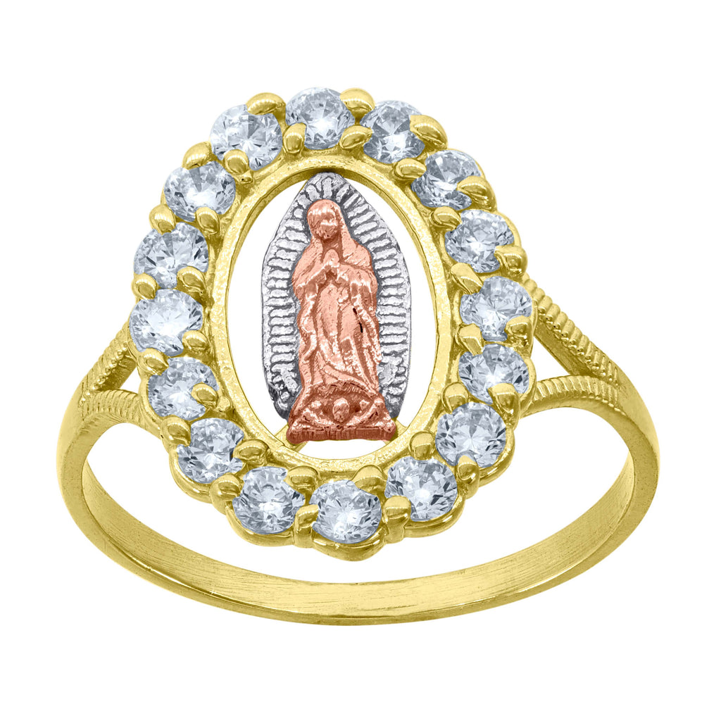 10K Tri-Color Gold Womens Cubic Zirconia Textured Square Head Religious Ring