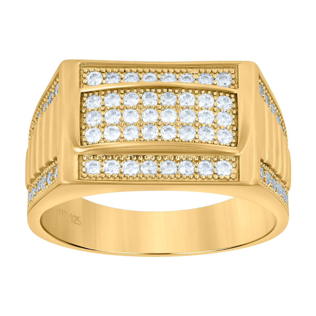 925 Sterling Silver Mens Cubic Zirconia Two-Tone Rectangle Head Ribbed Size-8 -9.5mm Ring