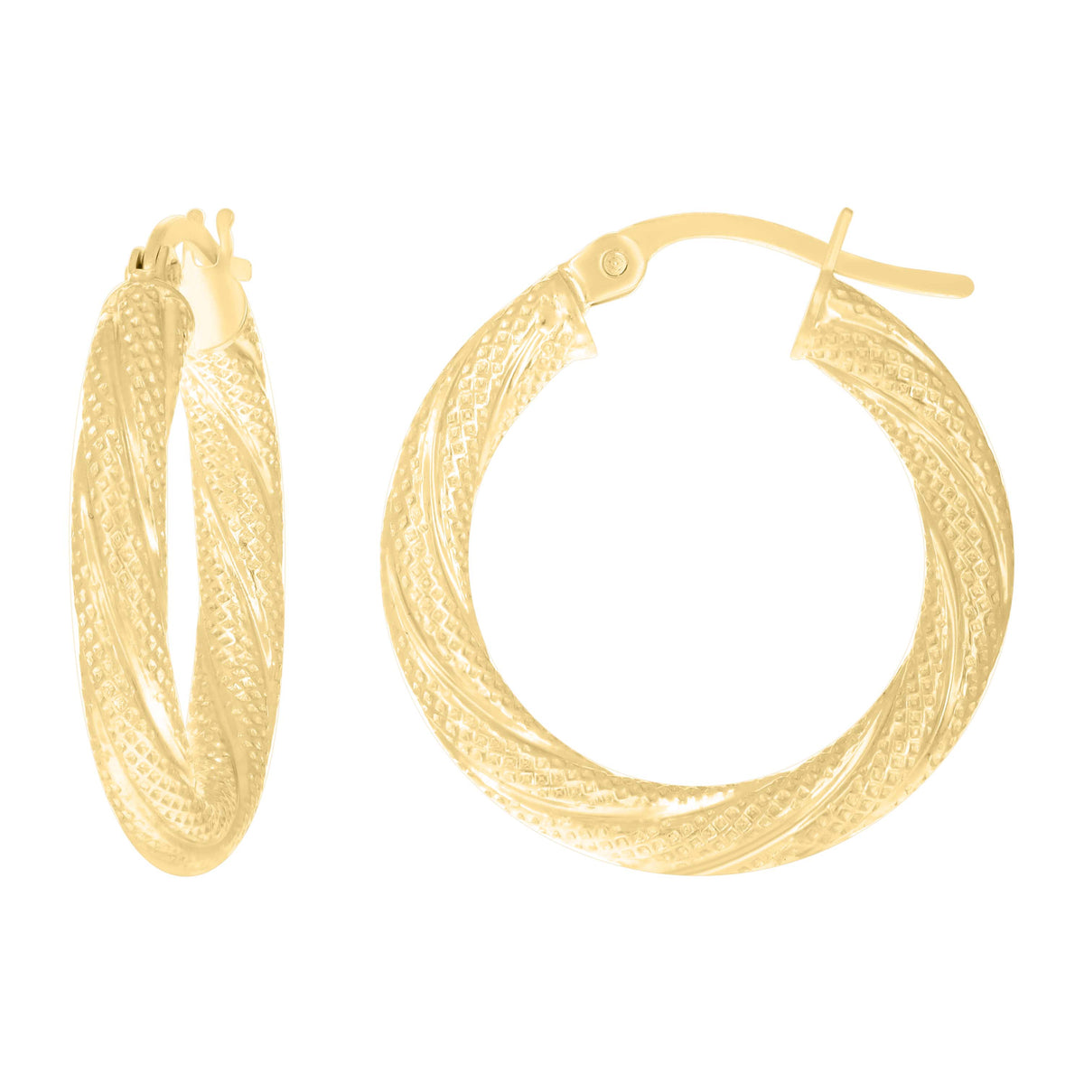10K Yellow Gold Womens Twisted Tube 15mm Hinged Hoops Huggies