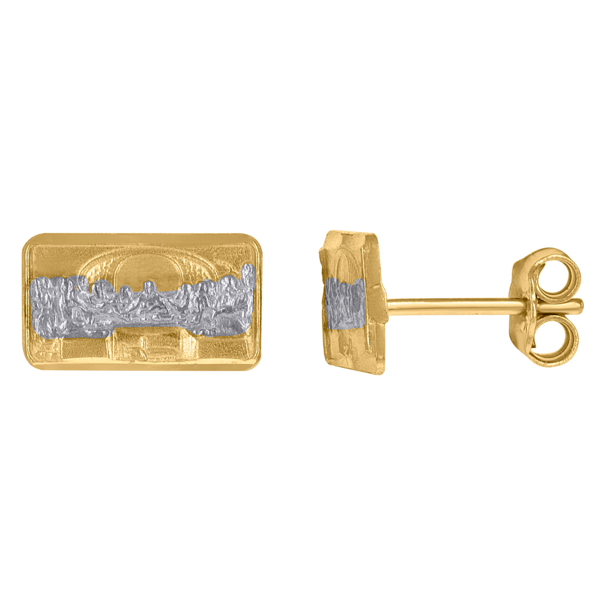 10K Two-Tone Gold Womens Textured Last Supper Religious Rectangle Stud Earrings