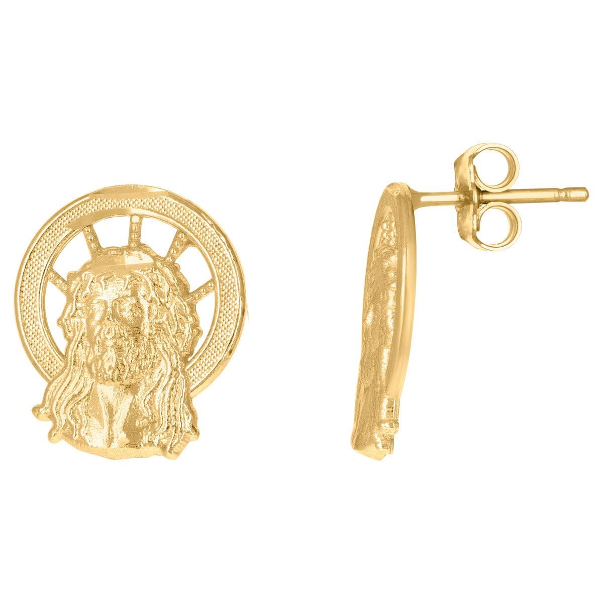 10K Yellow Gold Womens Textured Jesus Face Religious Stud Earrings