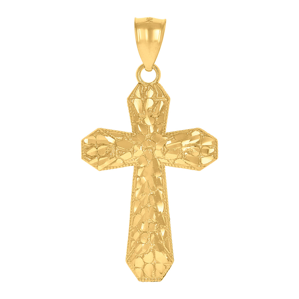 10K Yellow Gold Mens Nugget Cross Religious Charm Pendant