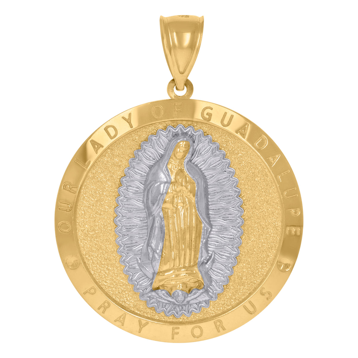 10K Two-Tone Gold Mens Lady Of Guadalupe Pray For Us Religious Charm Pendant