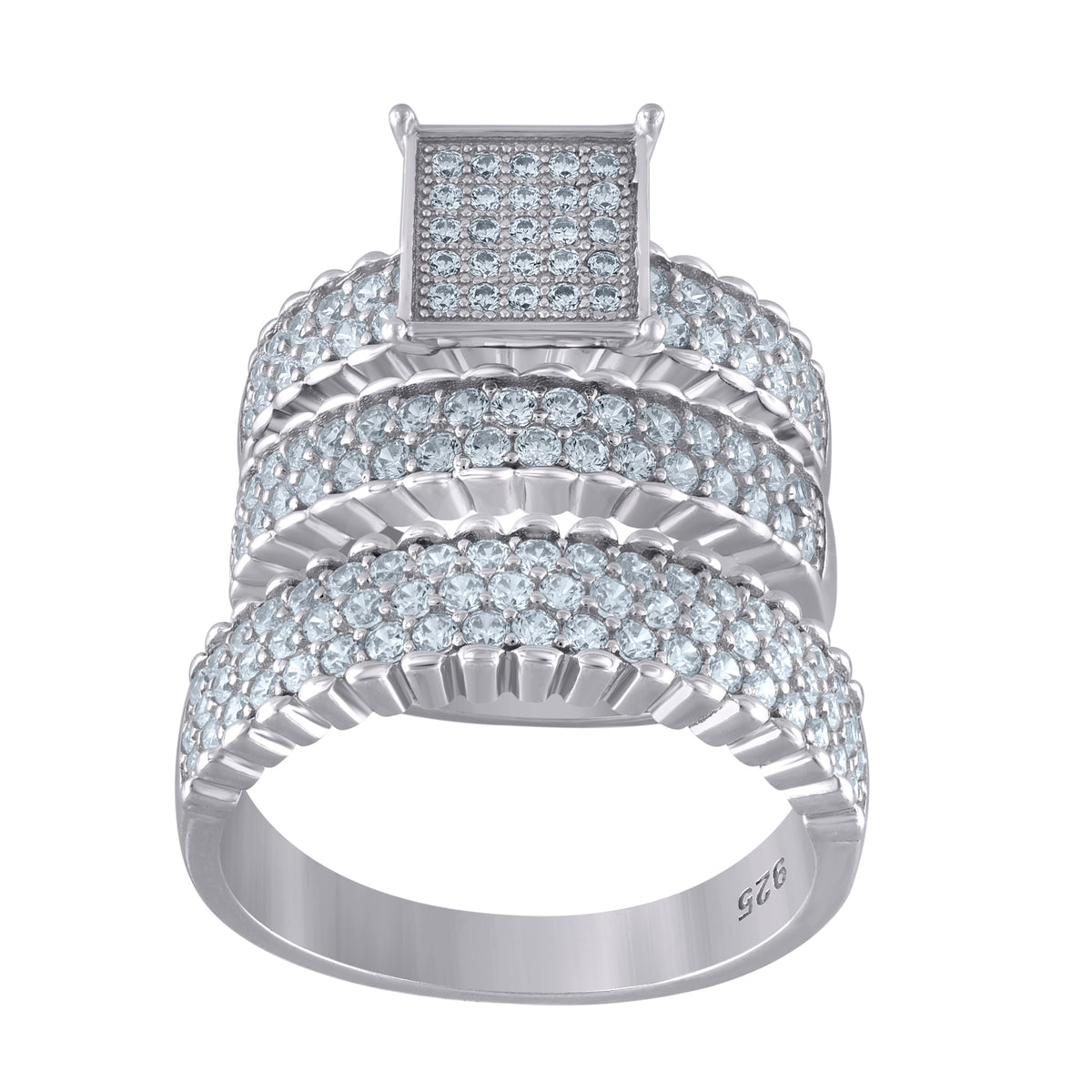 925 Sterling Silver His & Hers Cubic Zirconia Square Head Trio Ring Set Size 8