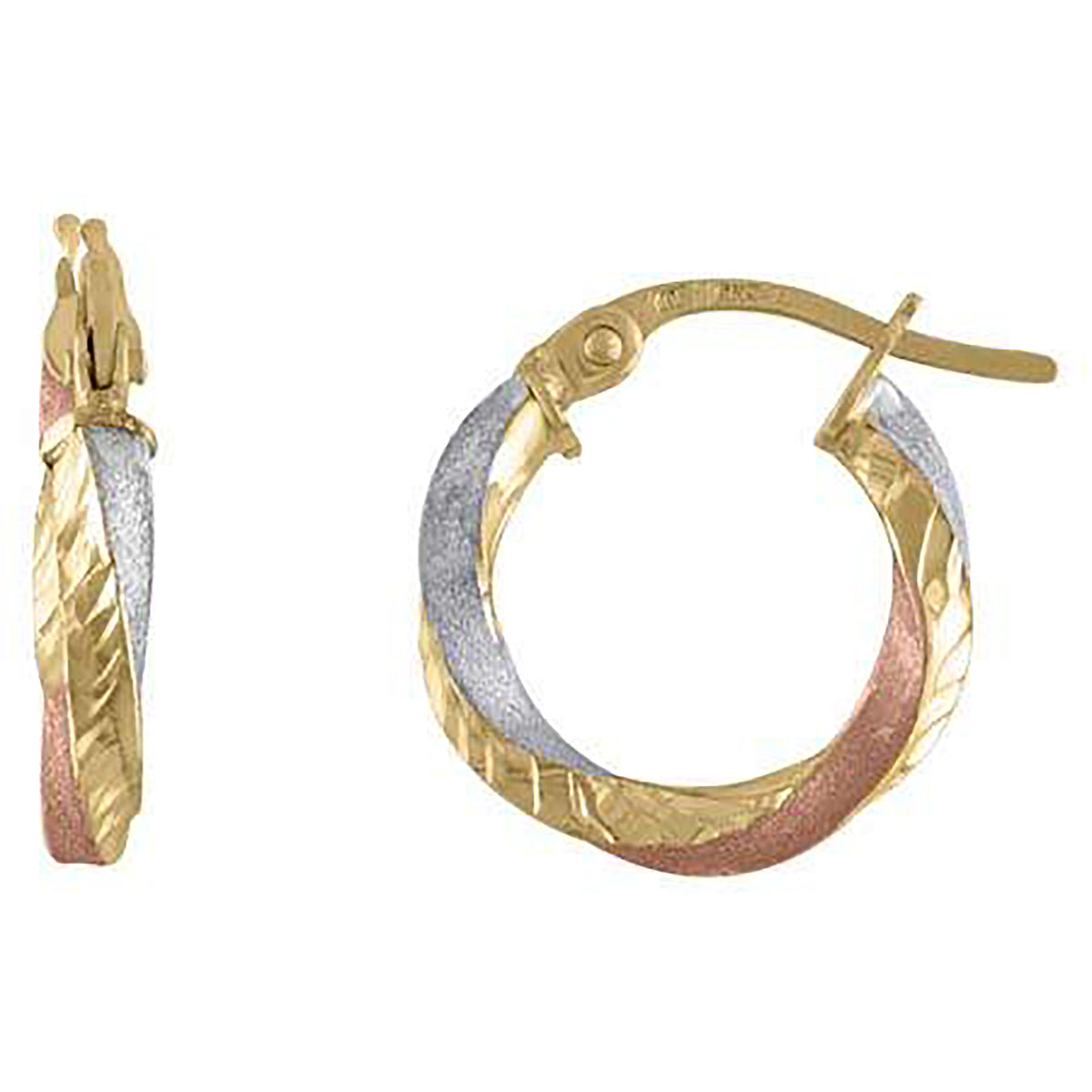 10K Tri-Color Gold Womens Twisted 2.5mm X 10mm Hinged Hoops Huggies