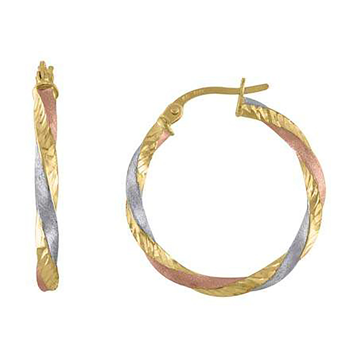 10K Tri-Color Gold Womens Twisted 2.5mm X 20mm Hinged Hoops Huggies