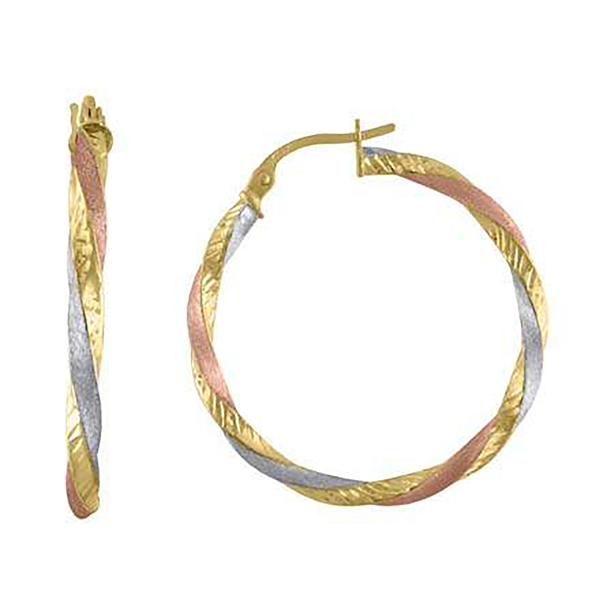 10K Tri-Color Gold Womens Twisted 2.5mm X 25mm Hinged Hoops Huggies