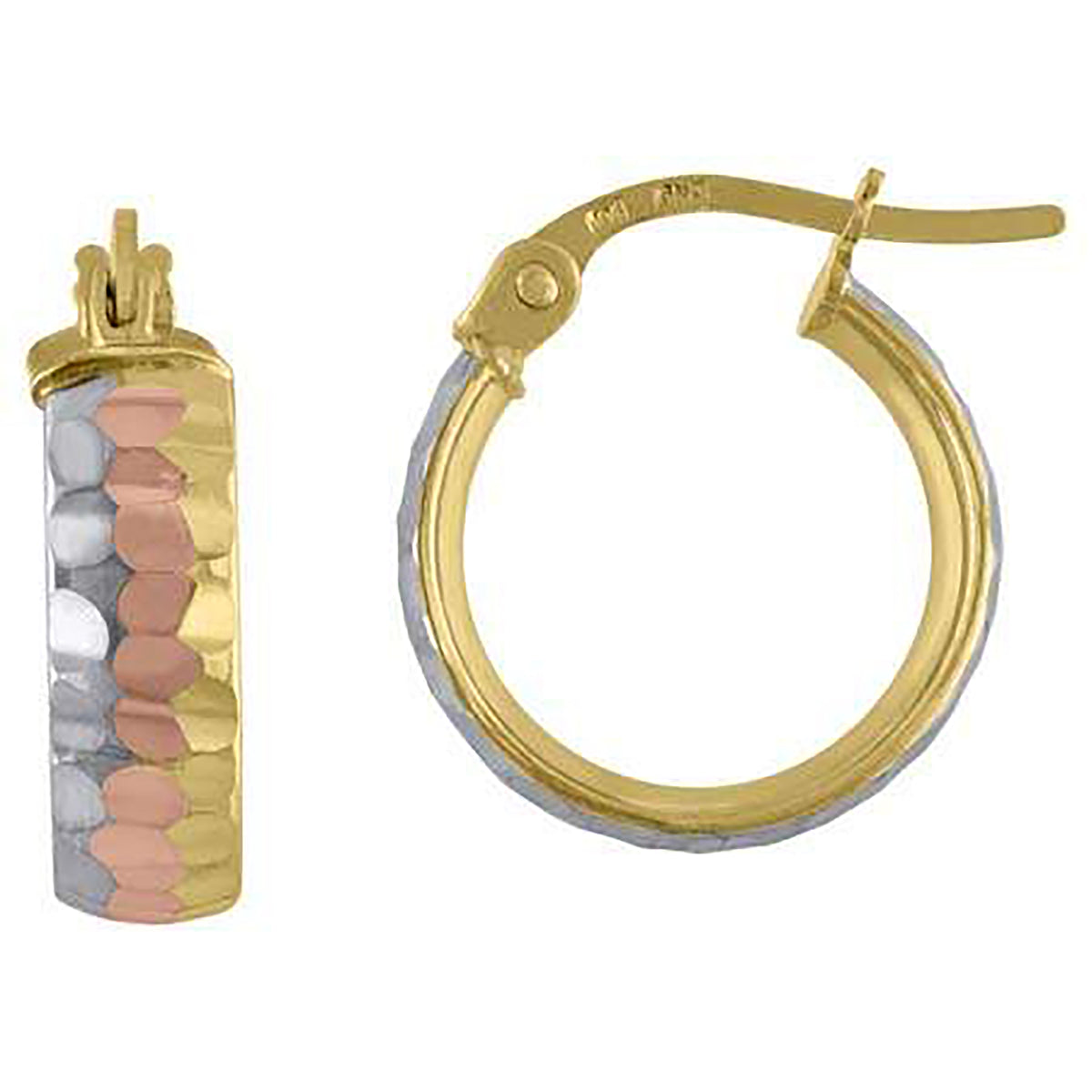 10K Tri-Color Gold Womens Diamond-cut 4mm X 10mm Hinged Hoops Huggies