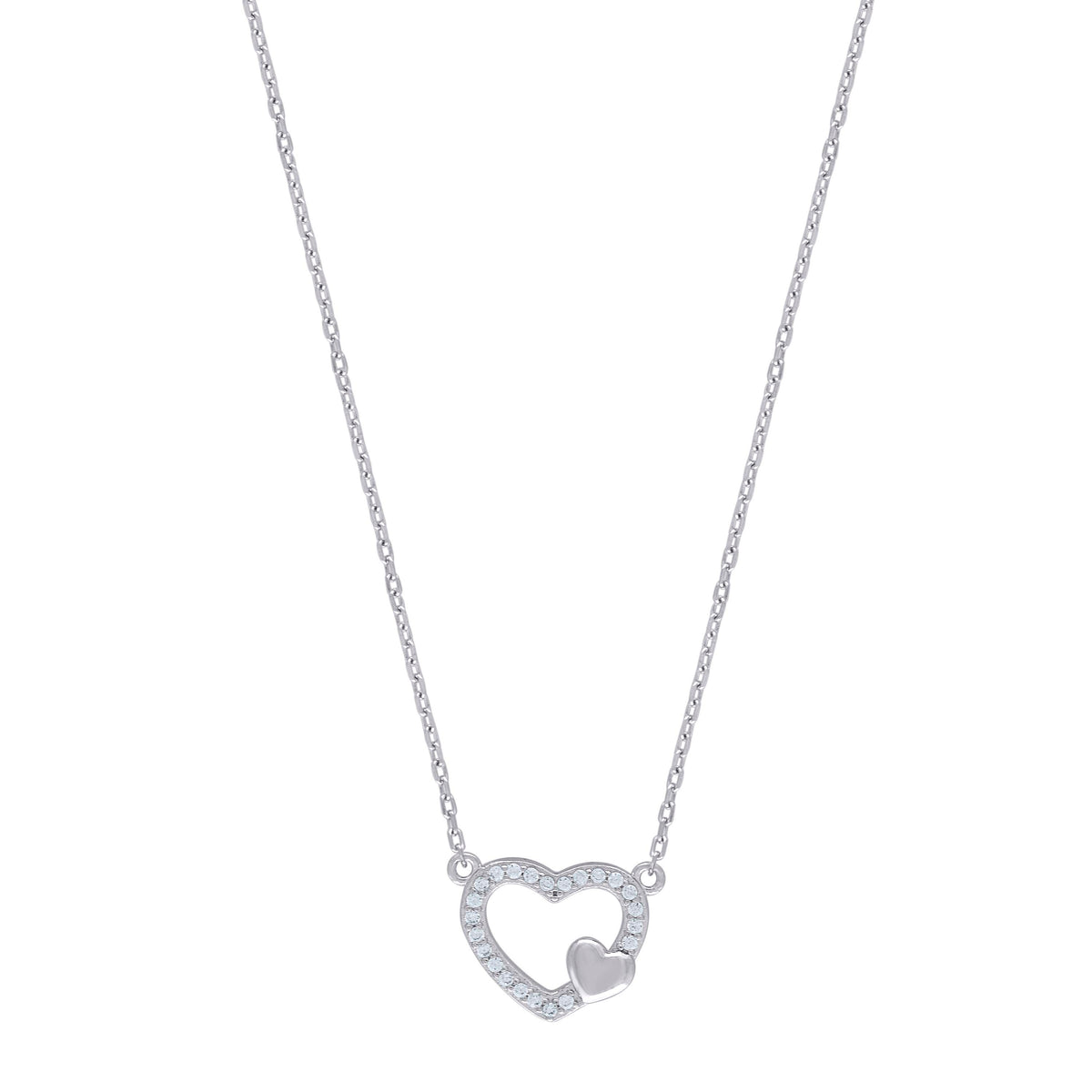 925 Sterling Silver Women Cubic Zirconia Rolo Link Hearts Necklace