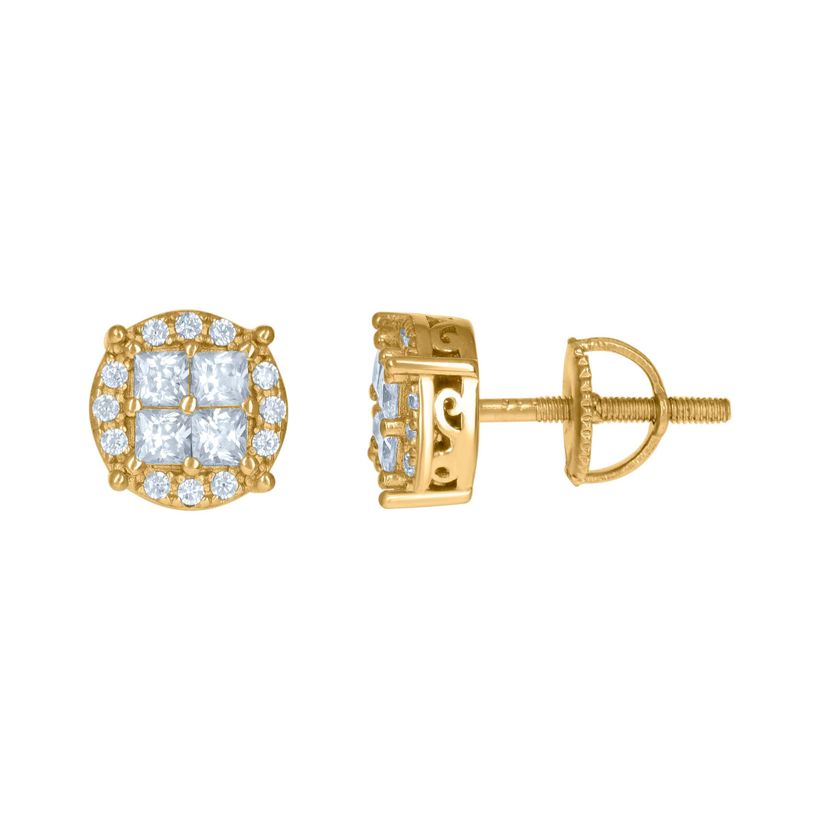 925 Sterling Silver Yellow-tone Unisex Princess-Cut Cubic-Zirconia Fashion Stud Earrings