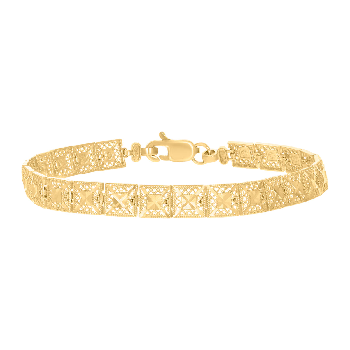10K Yellow Gold Womens Square Link Bracelet Size 7 Inches