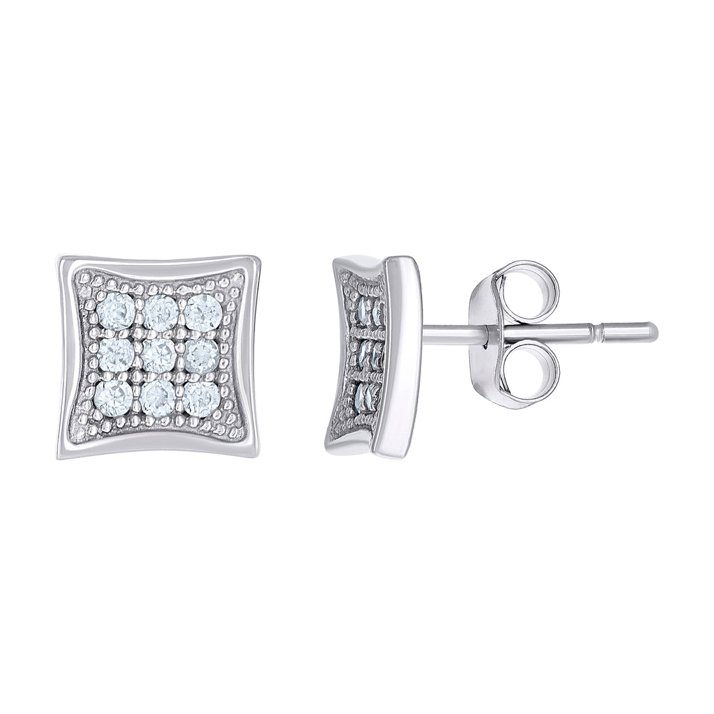 10K White Gold Womens CZ Concave Square Push Back Stud Earrings