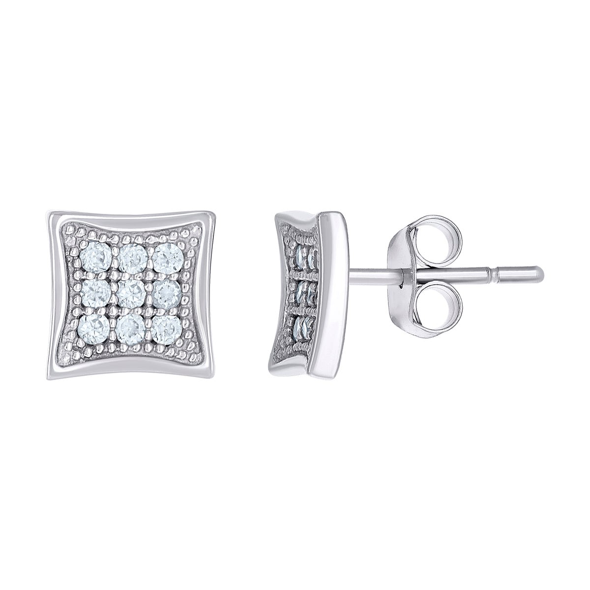 10K White Gold Womens CZ Concave Square Push Back Stud Earrings