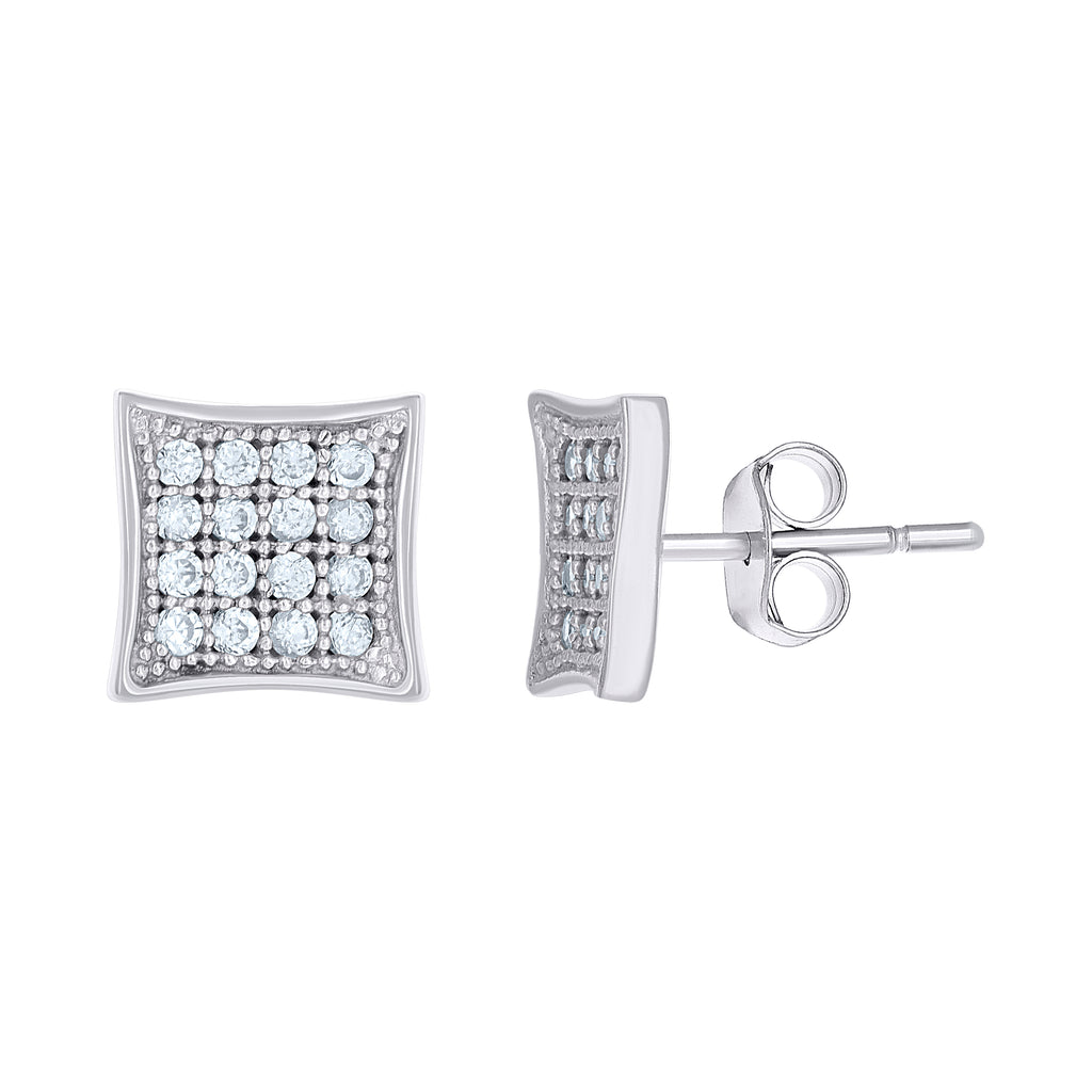 10K White Gold Womens CZ Concave Square Push Back Stud Earrings
