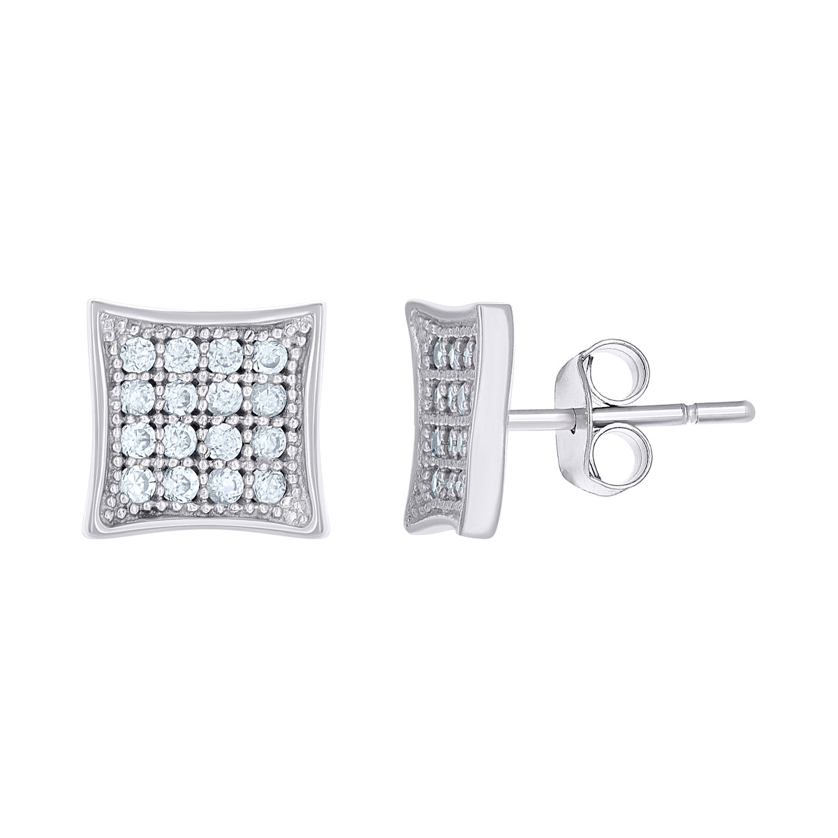 10K White Gold Womens CZ Concave Square Push Back Stud Earrings