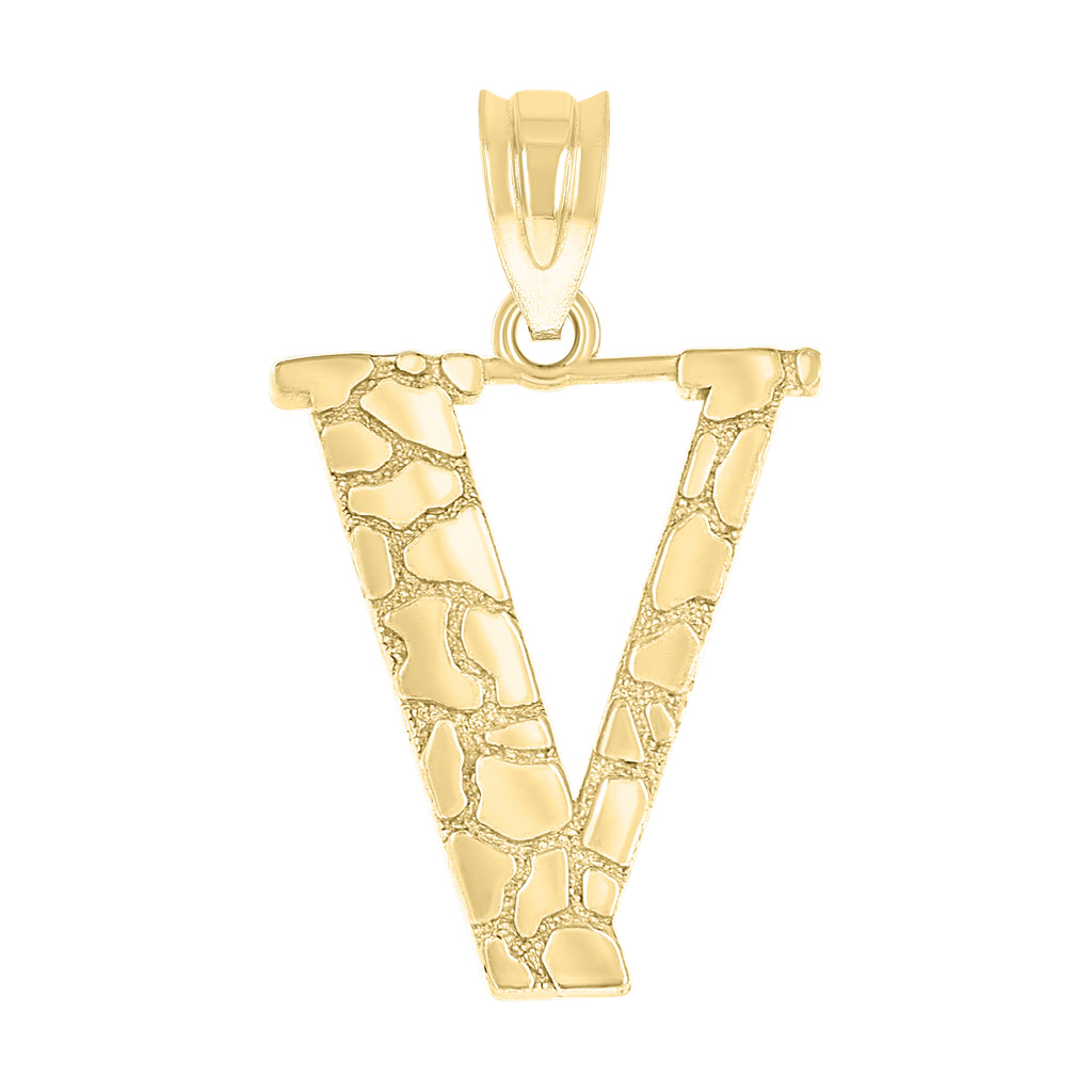 10K Yellow Gold Unisex Nugget Initial V Charm Pendant