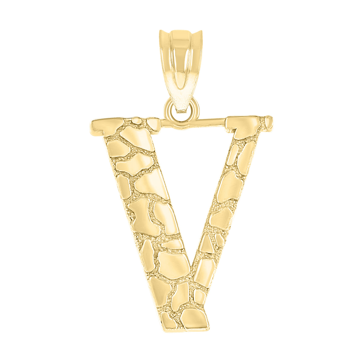10K Yellow Gold Unisex Nugget Initial V Charm Pendant