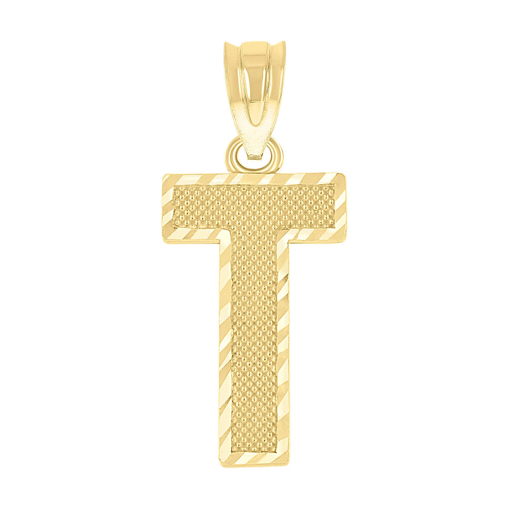 10K Yellow Gold Unisex Textured Initial Letter T Charm Pendant