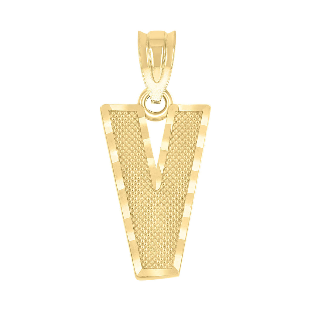 10K Yellow Gold Unisex Textured Initial Letter V Charm Pendant