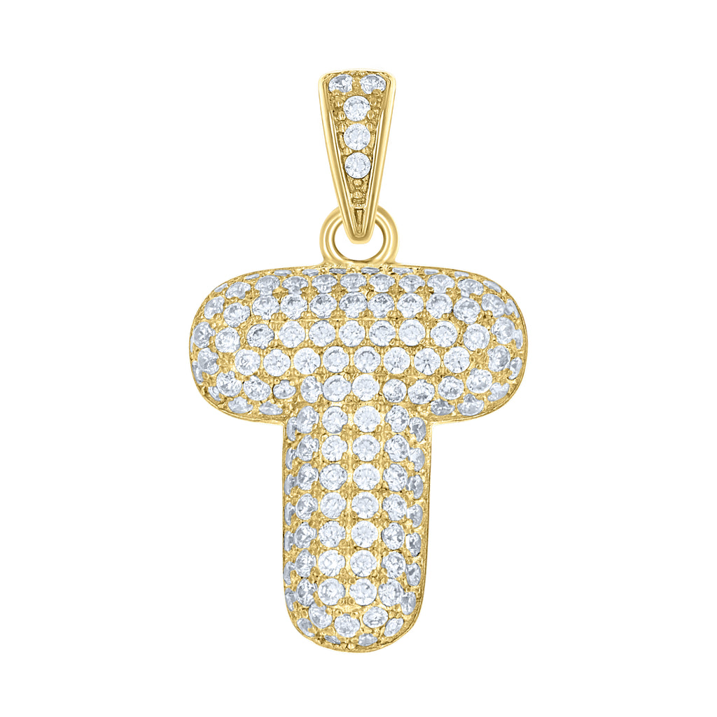 10K Yellow Gold Unisex Cubic-Zirconia Bubble Initial Letter T Charm Pendant