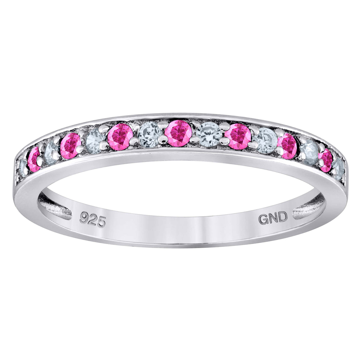 925 Sterling Silver Womens White Pink Cubic Zirconia Semi Eternity Stackable Wedding Band Ring