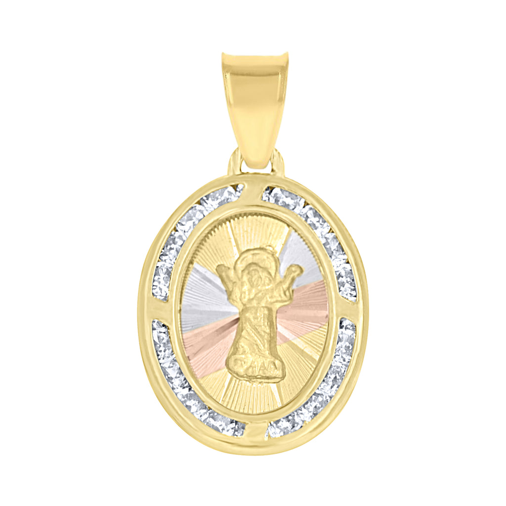 10K Tri-Color Gold Unisex Cubic Zirconia Cubic-Zirconia Religious Oval Charm Pendant