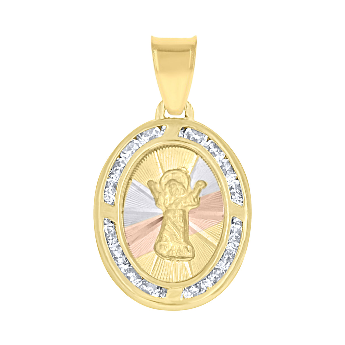 10K Tri-Color Gold Unisex Cubic Zirconia Cubic-Zirconia Religious Oval Charm Pendant