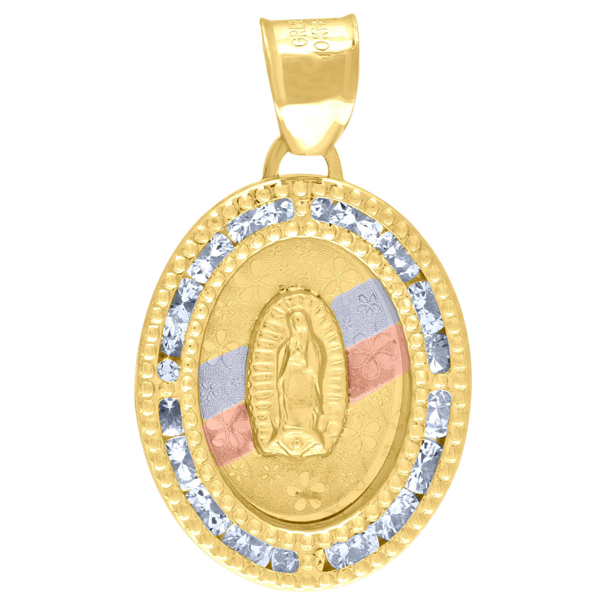 10K Tri-Color Gold Unisex Cubic Zirconia Cubic-Zirconia Lady Of Guadalupe Religious Oval Charm Pendant