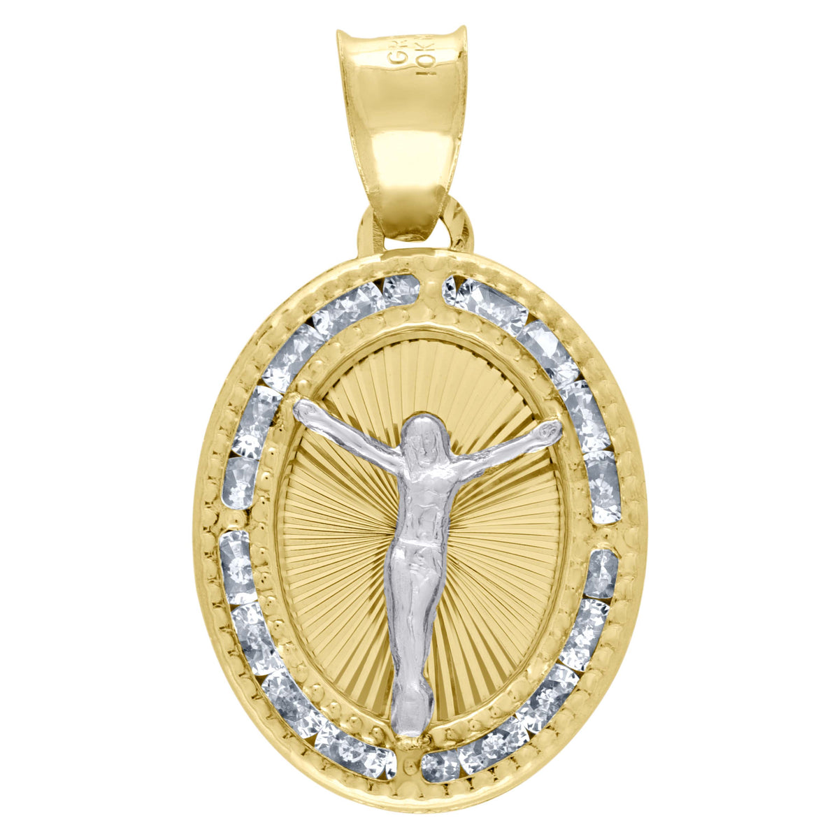 10K Two-Tone Gold Unisex Cubic Zirconia Cubic-Zirconia Crucifix Religious Oval Charm Pendant