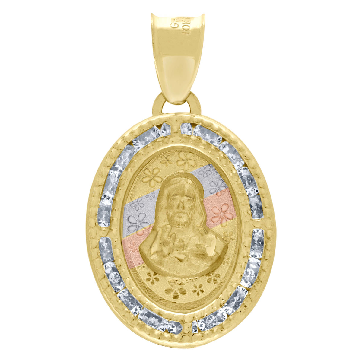 10K Tri-Color Gold Unisex Cubic Zirconia Cubic-Zirconia Religious Oval Charm Pendant