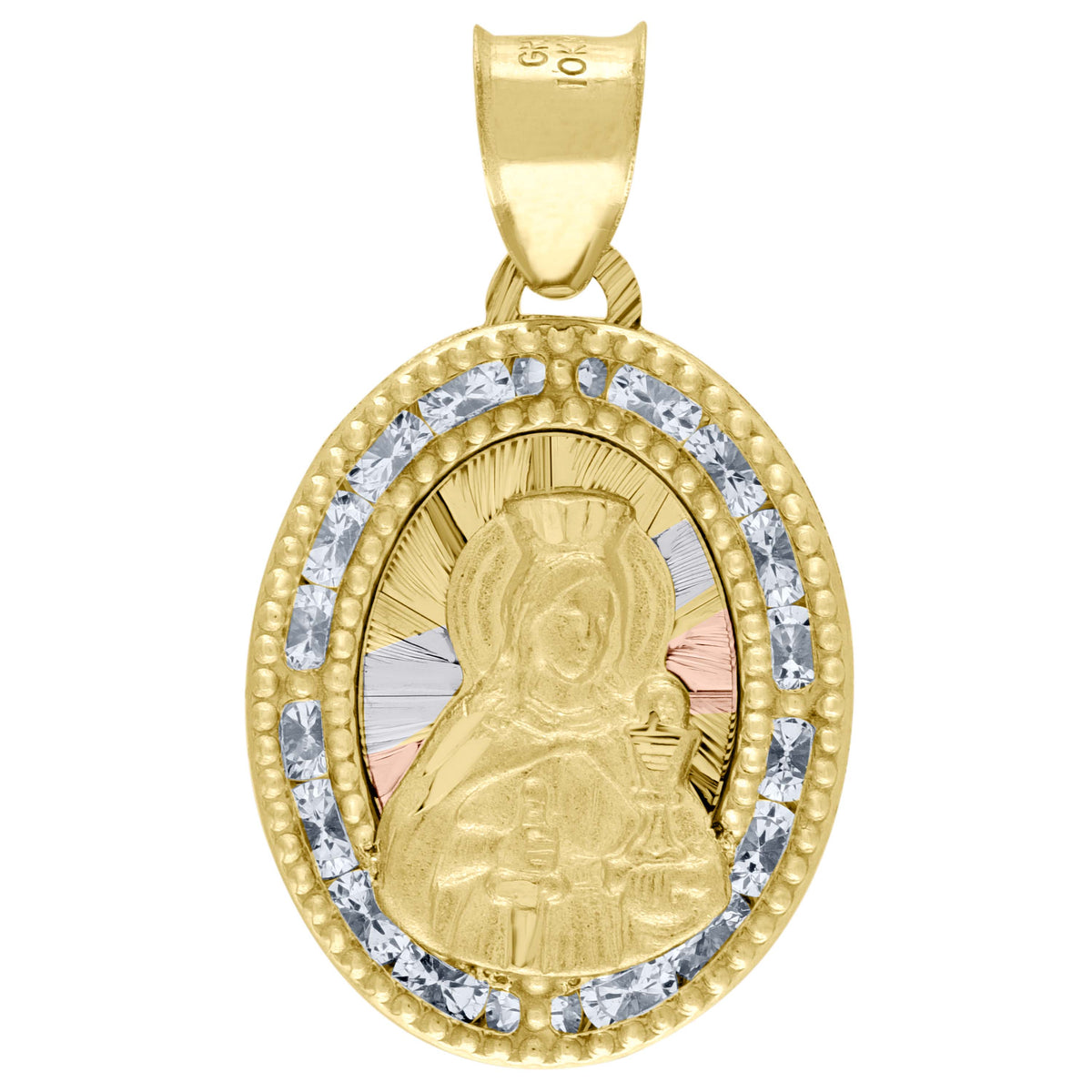 10K Tri-Color Gold Unisex Cubic Zirconia Cubic-Zirconia Saint Barbara Religious Oval Charm Pendant