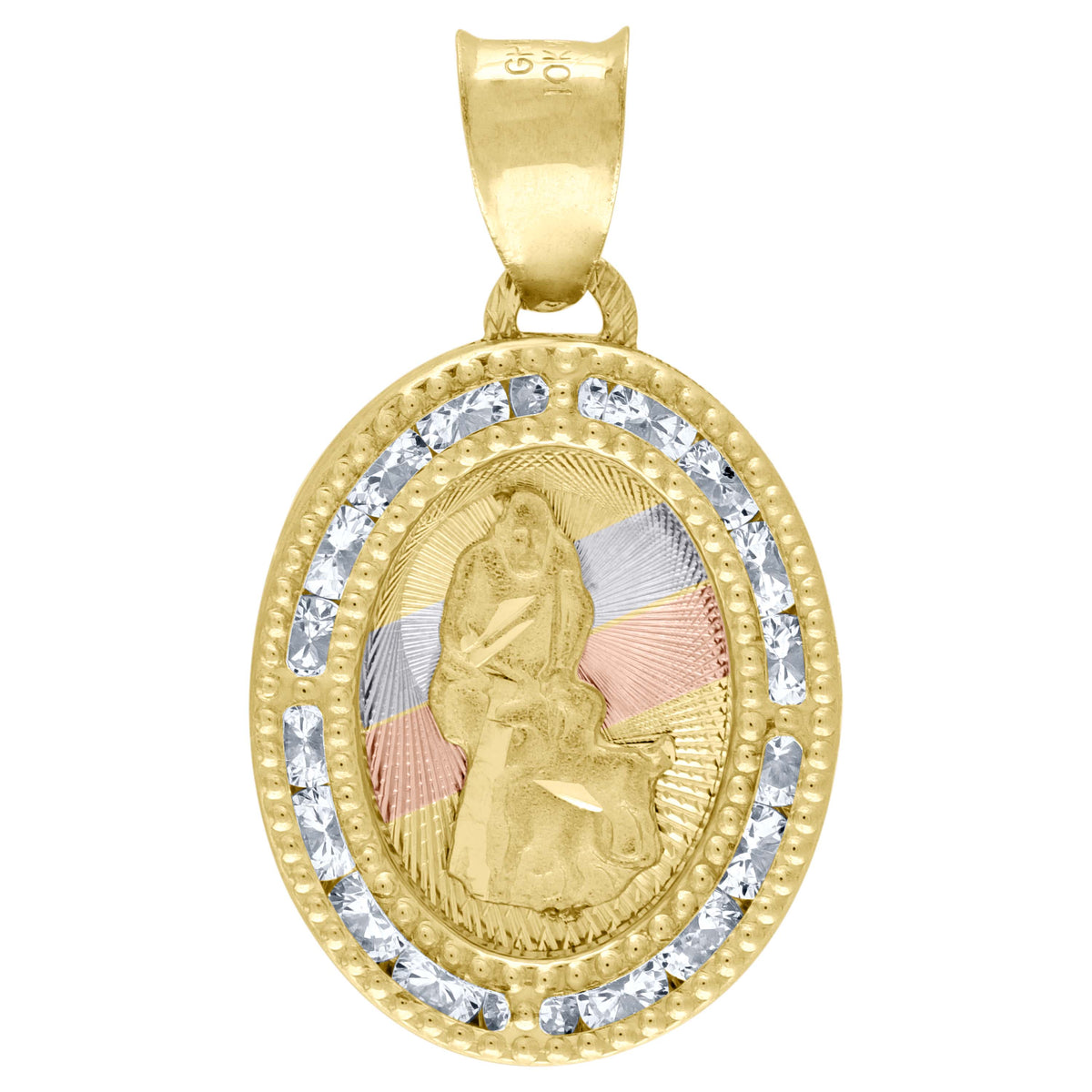 10K Tri-Color Gold Unisex Cubic Zirconia Cubic-Zirconia Religious Oval Charm Pendant